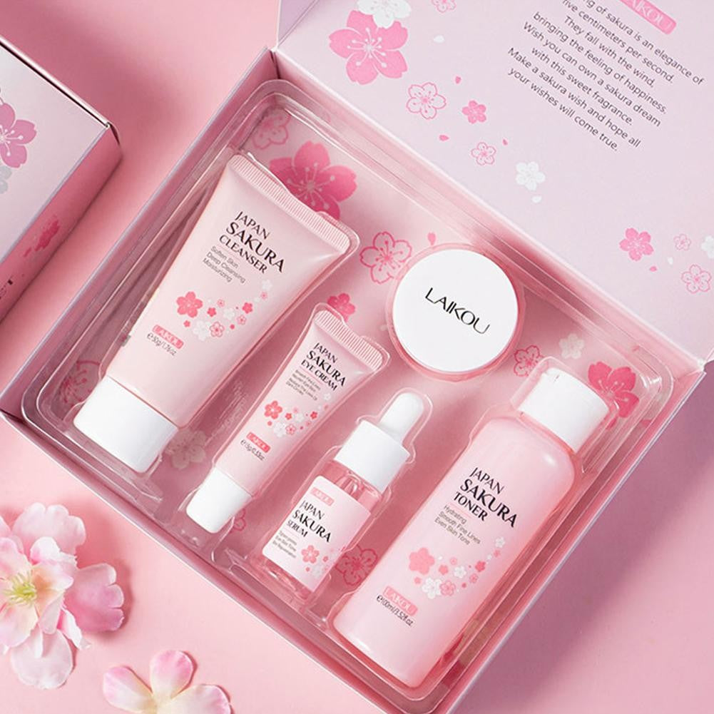 Kit Sakura LAIKOU 3 ou 5 Peças – Cuidados com a Pele, Sérum, Tônico, Creme Facial e Creme para Olhos