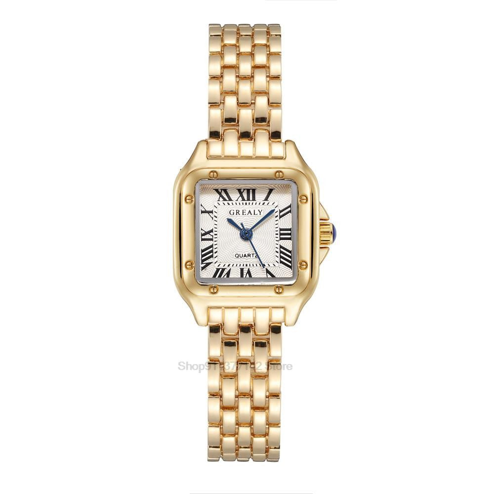 Relógio Feminino Luxo Quadrado Dourado com Números Romanos
