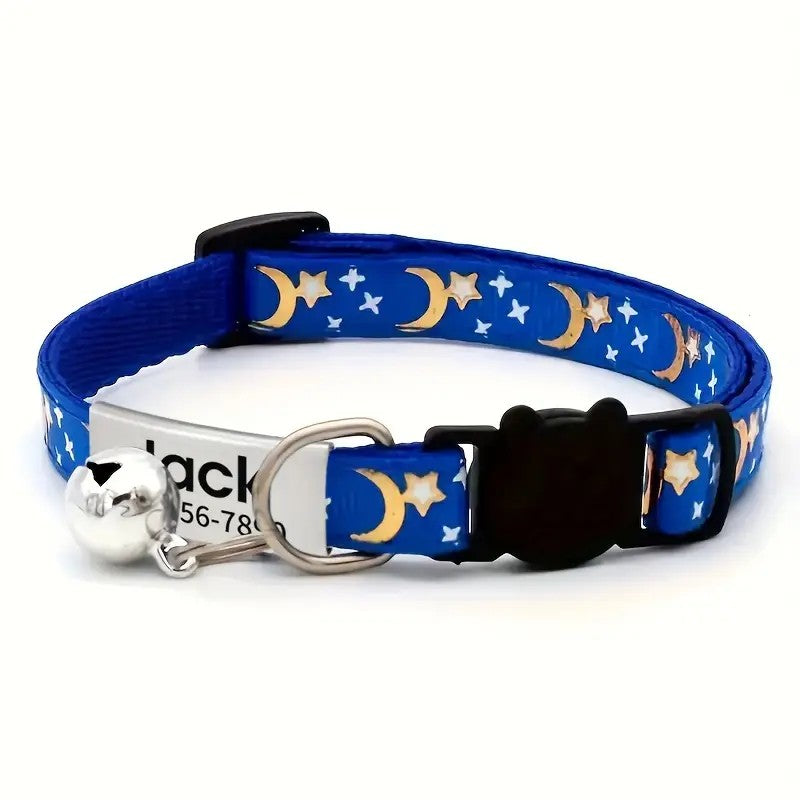 Coleira Personalizada Pet com Estrela e Lua + Plaquinha Gravada e Sino