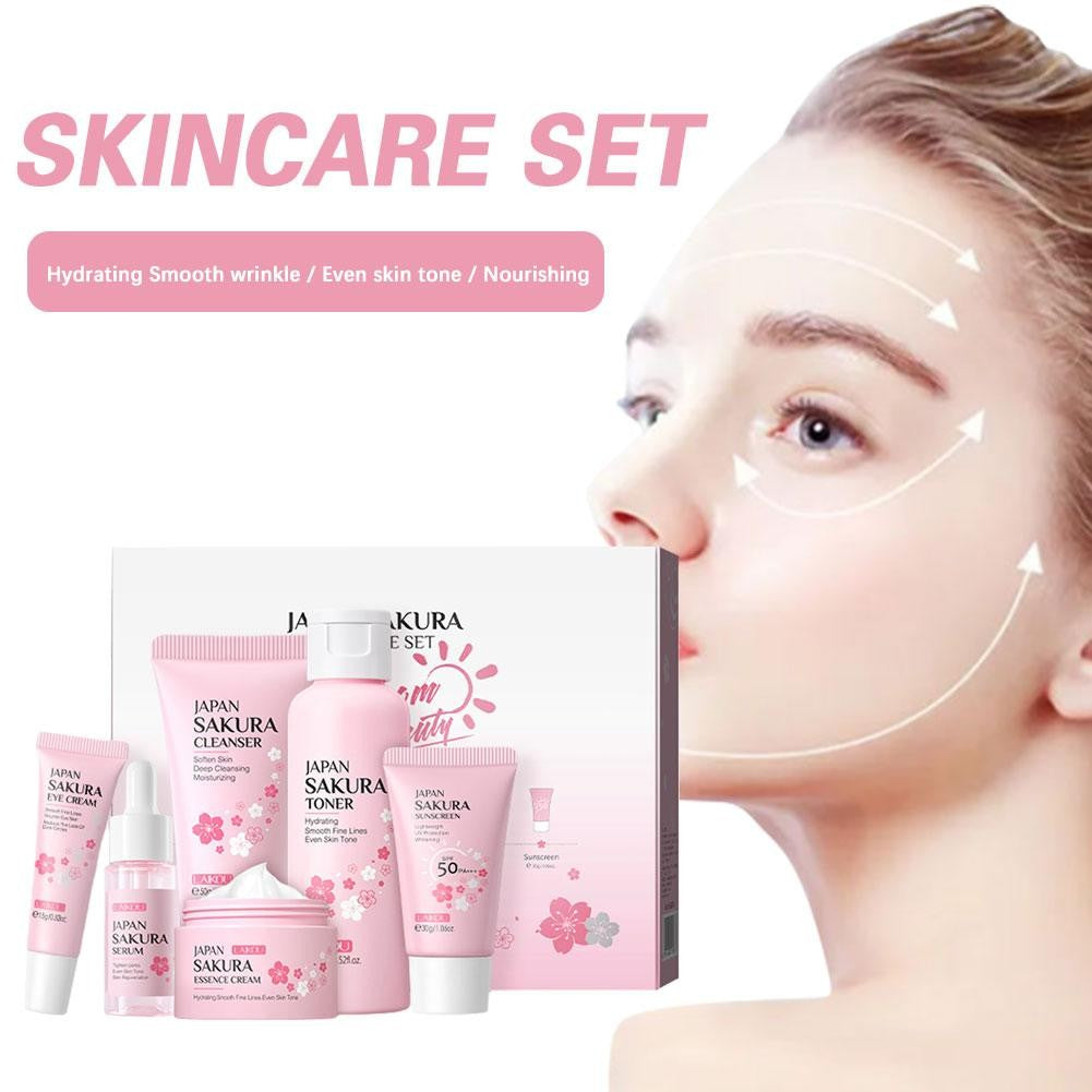 Kit Sakura LAIKOU 6 Itens para Cuidados com a Pele – Limpeza, Sérum, Creme e Protetor Solar Facial