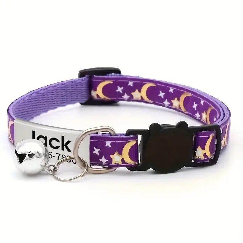 Coleira Personalizada Pet com Estrela e Lua + Plaquinha Gravada e Sino