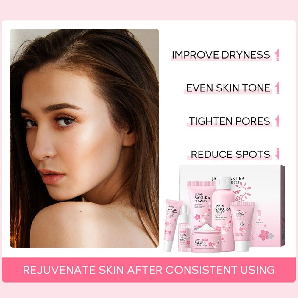 Kit Sakura LAIKOU 6 Itens para Cuidados com a Pele – Limpeza, Sérum, Creme e Protetor Solar Facial