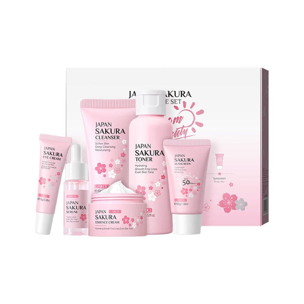 Kit Sakura LAIKOU 6 Itens para Cuidados com a Pele – Limpeza, Sérum, Creme e Protetor Solar Facial