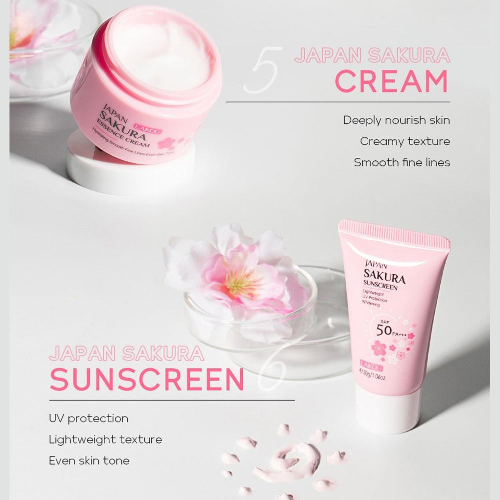 Kit Sakura LAIKOU 6 Itens para Cuidados com a Pele – Limpeza, Sérum, Creme e Protetor Solar Facial