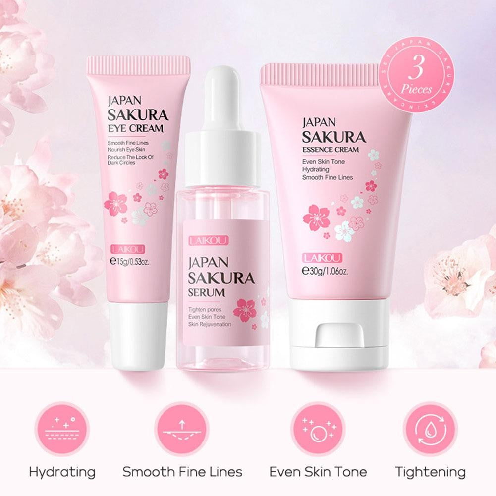 Kit Sakura LAIKOU 3 ou 5 Peças – Cuidados com a Pele, Sérum, Tônico, Creme Facial e Creme para Olhos