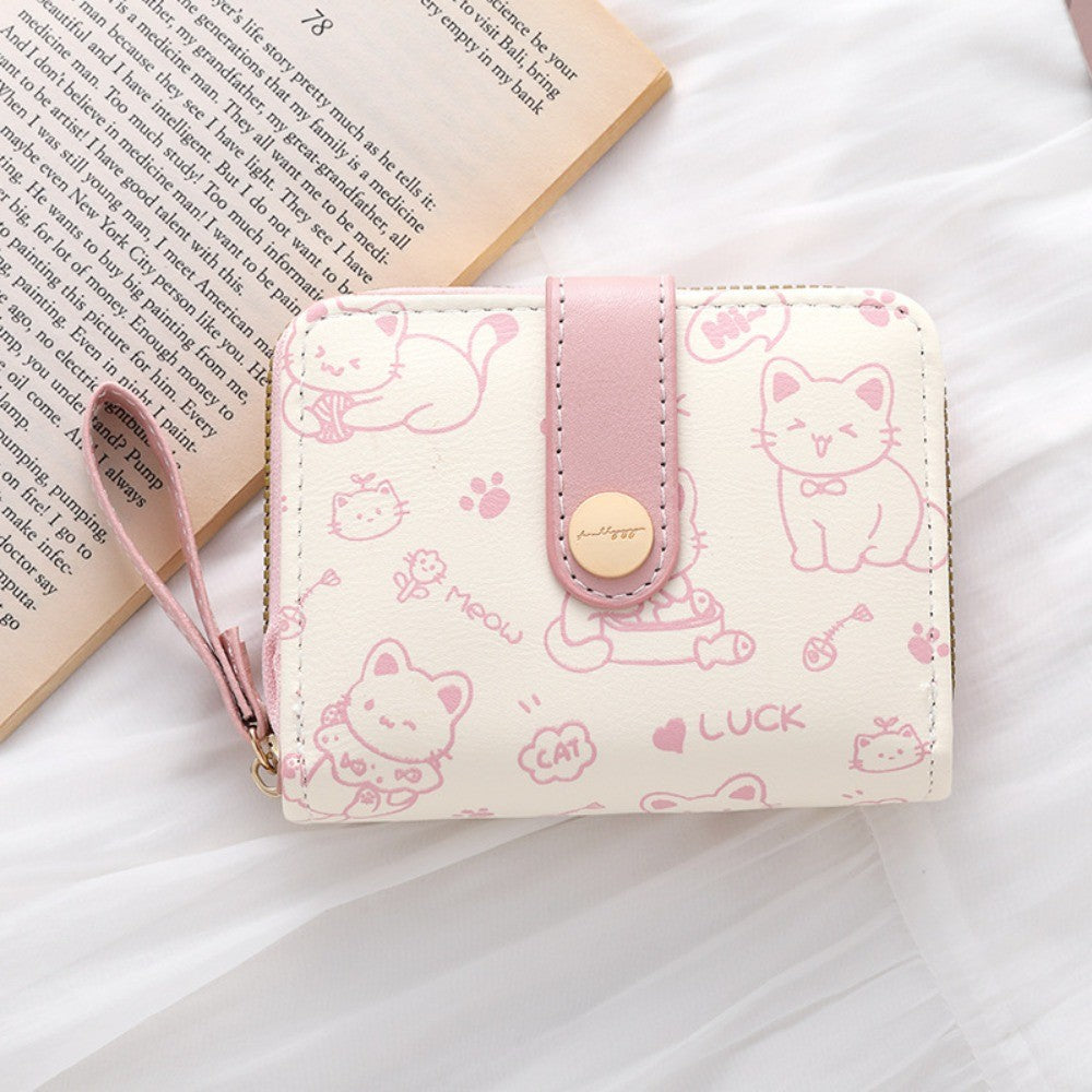 Carteira Feminina Compacta Gatinho Cute em Couro PU com Zíper