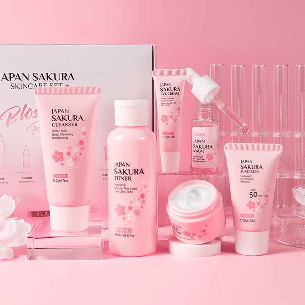 Kit Sakura LAIKOU 6 Itens para Cuidados com a Pele – Limpeza, Sérum, Creme e Protetor Solar Facial