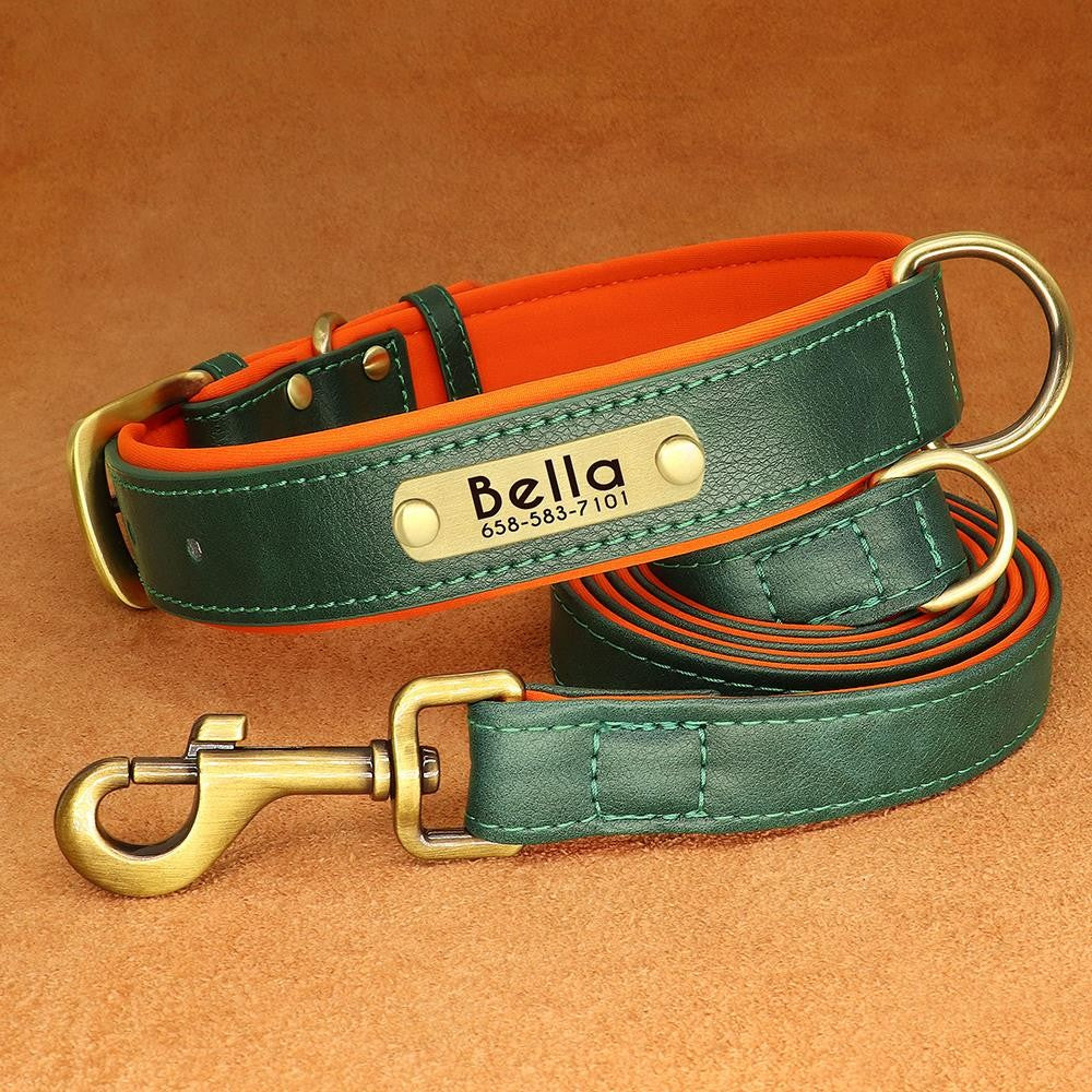 Coleira de Couro Personalizada para Cães com Plaquinha Gravada e Forro Acolchoado